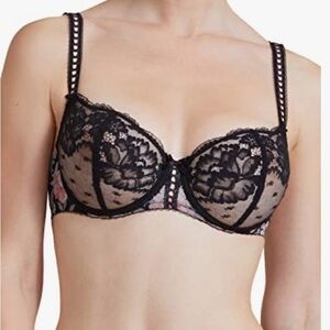 Aubade Magic Garden Half Cup Bra Size 32E Black Sheer Lace Underwire Floral Mesh